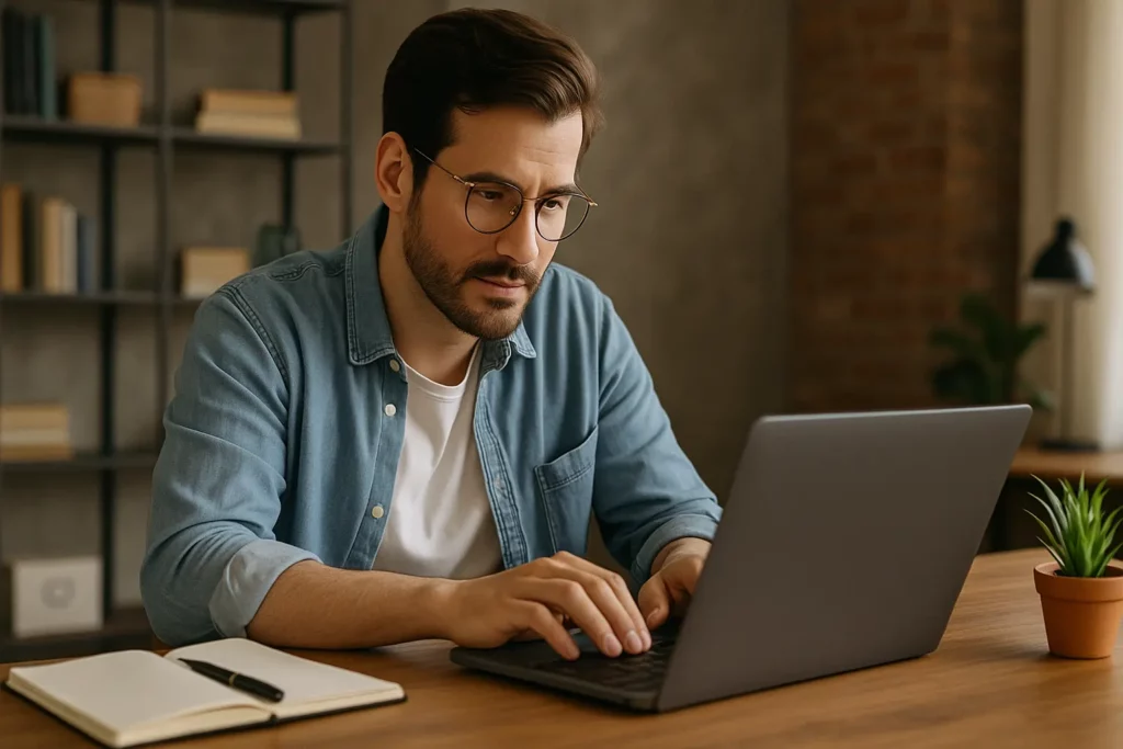 Autónomo trabajando en un portátil, simbolizando el sector digital.